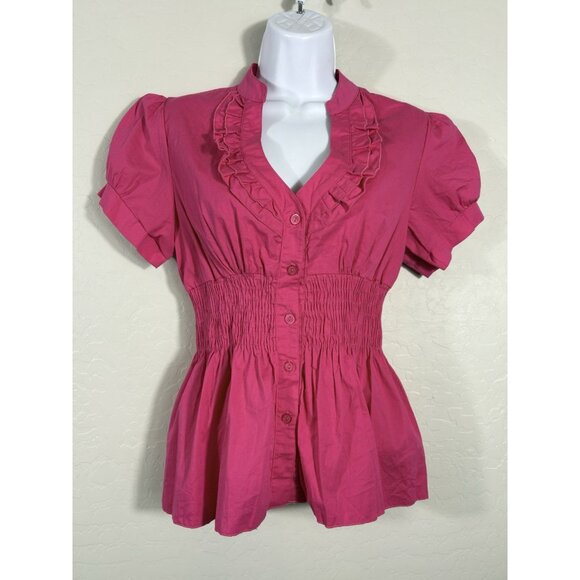 Jung Kim USA Tops - Y2K Vintage Pink Rare Jung Kim USA Babydoll Cinch Waist Top 90’s Button Down